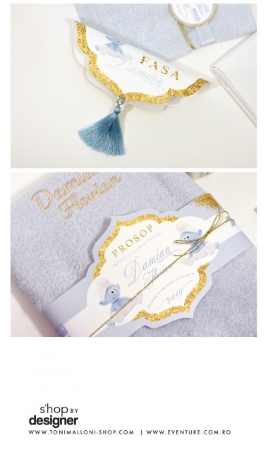 Trusou de botez brodat pentru baieti cu strumf in bleu si gold, Bebe Smurf 7
